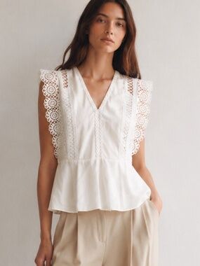 Sandro Paris | White Lace Ruffle Peplum Top | Size S